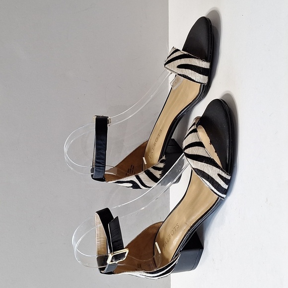Talbots Black White Animal Print Calf Hair Mobwife Preppy Heel Sandals Size 9 - Picture 2 of 13